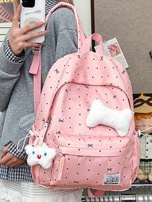 1pc Pink Nylon Casual Chic Bow Dot Print All-Over Cartoon Letter Patch Drawstring Multi-Pocket Large Capacity Foldable Water-Resistant Smooth Zipper Backpack (No Plush Pendant Plush Badge), Suitable For Spring/Summer Hot Selling, Suitable For High School Students, Versatile Use For School, Commute, Outdoor Travel, Also Can Be Used As Holiday Gifts, Can Hold Books, Pencil Case, Cosmetic Bag, Cosmetic Box, Suitable For Family, Gifts, Vacation - Pink - View 9