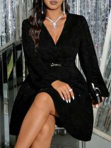 大码女式长袖亮片优雅长裙，V领收腰设计，A字廓形，适合宴会、晚宴、正式场合。 - 黑色 - 查看 5