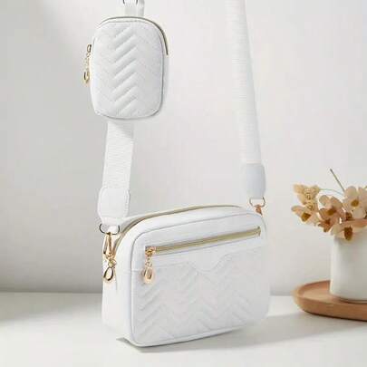 2026 New Women's Shoulder Bag, Wave Embroidery Front Zipper Crossbody Camera Bag, Casual Phone Pouch & Coin Purse, Export