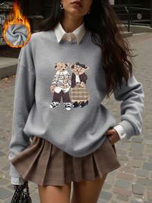 Couple Bear Print Women's Casual Fashionable Warm Faux Wool Sweater, Warm, Merry Christmas, Chinese New Year, Lunar New Year, Year Of The Horse, Happy New Year, Valentine's Day, Back To School Clothes, School Outfit Ideas, Back To School Essentials, First Day Of School Outfit, Back To School Outfits 2026 - Light Grey - View 1