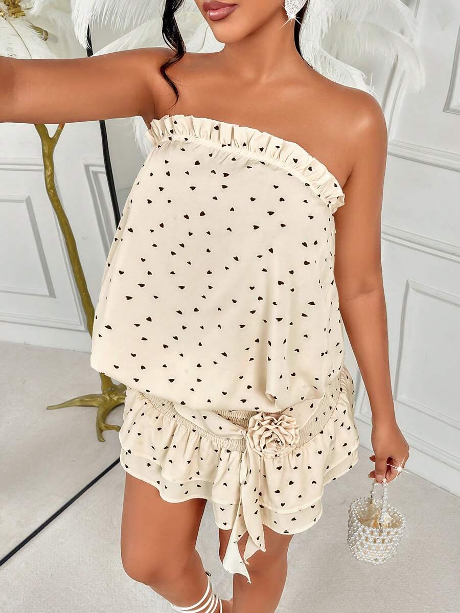 Amarilo Women'S Heart Print Strapless Mini Dress - Valentine'S Day, Waist-Cinching Cake Layer, Ruffled 3D Floral, Tie-Up, Spring/Summer - Apricot Base With Black Heart - View 1