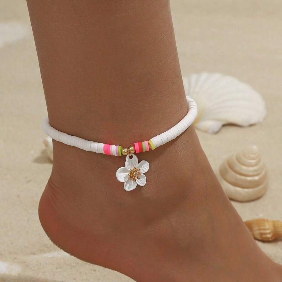 1pc Summer Bohemian Style Camellia Flower Woven Anklet, Suitable For Women's Daily, Vacation And Travel Outfits