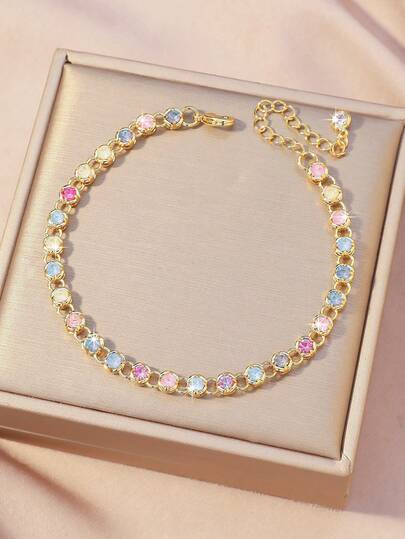  1pc Elegant Sparkling Tennis Court Chain Bracelet, Suitable For Girls, Cubic Zirconia Embedded Friendship Bracelet, Gift For Holiday, Wedding, Engagement, Anniversary And Party