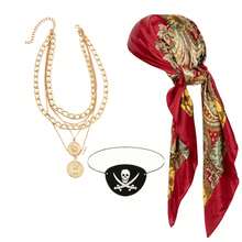 三件套嘉年华派对服装套装 - 新款缎面海盗头箍、腰带、毛毡骷髅面具和眼罩，趣味角色扮演中世纪文艺复兴海盗装扮，含海盗面具，适合情人节化装舞会、圣诞派对等场合。 - 彩色 - 查看 2