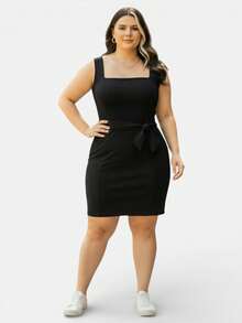 Women's Plus Size Elegant Curvy Short Dress With Thick Straps And Bow - 黑色 - 查看 5