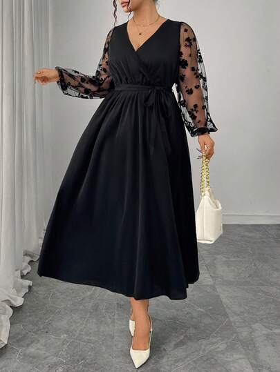 Vestido largo tallas extra grandes moda para mujer vestido con cinturón de manga farol escote cruzado bajo fruncido