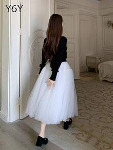 [Y6Y] Elegant Casual Women's A-Line Mid-Length Tulle Flared Skirt, Suitable For Spring/Summer Ethereal Goddess Outfit
