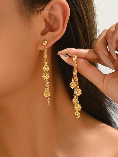 1 Pair Vintage Elegant Sunflower Embossed Multi-Layer Tassel Chain Earrings For Women, Suitable For Daily, Commute, Date, Party Wear