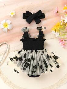 2er/Set, Baby Mädchen, weich und bequem, lässig elegant süß, Schleifen-Dekor Blumenstickerei Rüschen Baumwolle Trägerkleid Romper und Stirnband Set, Baby Mädchen Kleidung, Baby Zubehör, Baby Kleidung, Baby Party Outfit, Baby Fotografie Outfit, geeignet für Sommer Alltag, Urlaub, Party, Fotoshooting, Outdoor Aktivitäten - Verschiedenfarbig - Übersicht 4