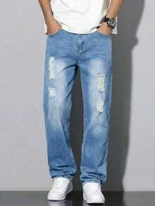 Tween Boys' Slim Fit Distressed Denim Jeans, Casual All Season - Medium Wash - View 1
