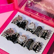 NailLuxe 10 PCS Handmade Duckbill Press-On Nails | Black-Silver Punk Gothic Nails With Spike & Heart Designs, Bold & Luxurious Nail Art For Stylish Looks - màu đen - Xem 8