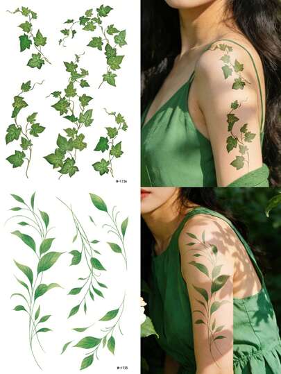 1pc Watercolor Plant Vine Temporary Tattoos, Fresh Green Ivy Leaf Stickers, Easy To Apply, Long-Lasting Waterproof Fake Tattoos, For Summer Picnic Camping Daily Decor, Body Art For Men & Women, Festival Makeup, Vibrant Temporary Tattoos