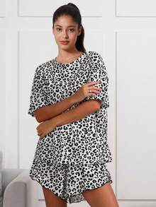 1 Set Women Loose Fit Leopard Print Pajama Set, Home Wear Suit For Spring/Summer - Black - View 5