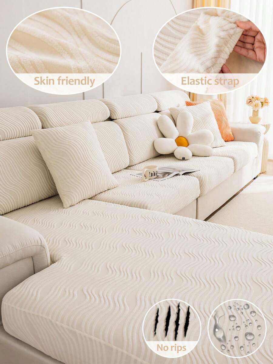 1pc Sakura Bank Shaking Flannel Elastic Anti-Cat Scratch Sofa Cover, Suitable For L-Shaped Sofa And 1/2/3/4 Seat Sofa Protection, All Season - Fine Vines - Beige - View 1
