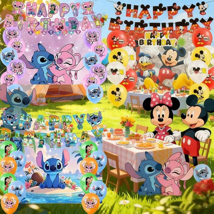 20pcs "Stitch & Lilo" Themed Birthday Party Decoration Set, Includes Stitch & Angel Flags, Balloons And Party Backdrop Combo, Suitable For Birthday Party, Indoor Use, Holiday Gathering, Themed Party, Summer Party - Multicolor - View 1