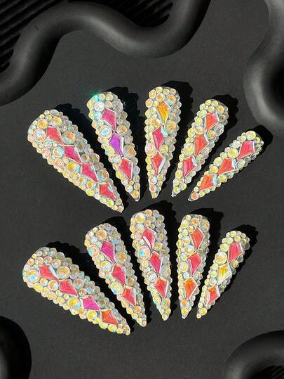 Y2K 45MM Extra-Long Stiletto Nails Handmade Press-On Nails With Transparent Tips,Multicolor Rhinestones & Sparkling Full-Coverage 3D Designs - Full Cover DIY Glitter Artificial Nails, False Nails For Parties, Outdoor, Beach, Daily, Holidays, Gatherings, Work & Special Events - 10 Pieces/Bag