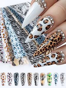FULL BEAUTY 10片豹纹美甲转印贴纸，动物蛇斑马花卉箔纸美甲贴花配件 - 彩色 - 查看 10