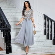 JINLICX 灰色V领亮片褶裥半身裙 - 派对鸡尾酒会晚礼服 - 銀色 - 查看 2