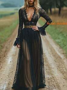 女士复古V领长袖网纱拼接连衣裙（不含腰带），时尚精致蕾丝边腰部喇叭下摆休闲派对假日连衣裙，春秋季 - 黑色 - 查看 4