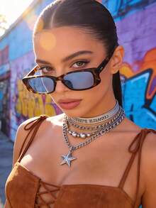 1pc Women's Narrow Rectangular Butterfly Frame Retro Street Y2K Baddie Contrast Color Chic Minimalist Fashion Fashion Glasses, Vacation - Tortoiseshell Framed Blue Plate - View 5