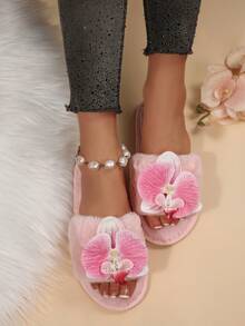 Women's Floral Decor Soft Plush Slip-On Slippers - Pink - View 5