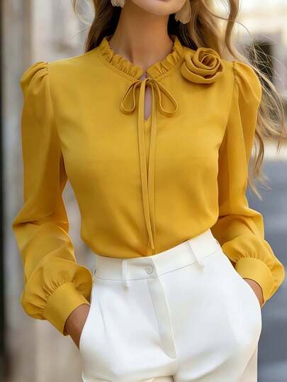 Áo sơ mi nữ dài tay bằng polyester trơn, cổ buộc nơ và họa tiết hoa – Áo kiểu quấn thanh lịch, thoải mái, phù hợp cho công sở, đi làm, đi làm và mặc hàng ngày, áo nhẹ bốn mùa (Xuân, Hạ, Thu, Đông)