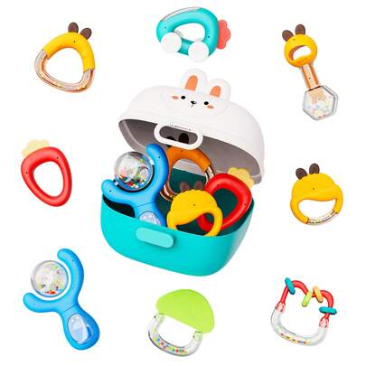 ESOLOM 8-Pack Cute Baby Rattle Toys With Rabbit-Themed Storage Box, 0+ Months Infant Rattles Set, Bright Colors & Fun Shapes (Steam Sterilizable), Engaging Textures, Durable Baby Shower Gift, Baby Rattles, Sensory Play, Playtime, Colorful Rattles, Fun Shapes Rattles (Multicolored).