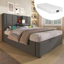 Polsterbett 90x200 Cm Einzelbett Mit Verstecktem Becherhalter & Ladestation, Hydraulisches Bett Mit Stauraum Unter Dem Bett, Inkl. Lattenrost, Leinen Grau(Mit Matratze) - Grey - View 6