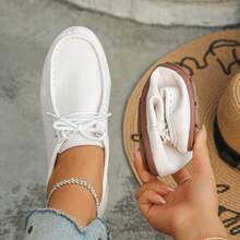 女士系带平底乐福鞋，休闲日常穿着，轻便软底真皮一脚蹬鞋，白色，春季 - 白色 - 查看 3