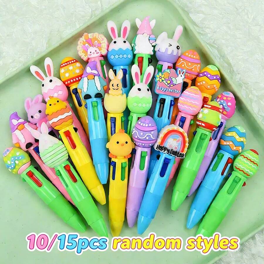 10/15支装复活节主题多色按压式圆珠笔；兔子、小鸡、鸡蛋造型中性笔；款式随机；风格多样，书写流畅，是书写和办公的理想之选；复活节学生奖励、学习用品；情人节礼物 - 彩色 - 查看 1