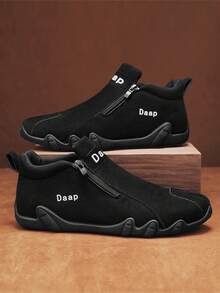 男士休闲运动鞋、户外皮鞋、时尚拉链低帮踝靴、防水皮靴、休闲乐福鞋、防水防滑运动鞋、时尚厚底增高鞋、复古做旧彩色拉链皮鞋 - 黑色 - 查看 5