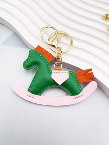 1pc Leather Charm Keychain With Swinging Horse Decoration, Cute Animal Jewelry Accessory For Bags, School Christmas Gift Ideas Bag Accessories Lanyards With Id Holder Car Accessories Bag Charms