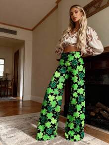 Women's High-Waisted Wide-Leg Denim Pants With 3D Green Clover Print On Black - Beltless Button Closure Full-Length Trousers, Casual & Formal Winter Wear, Durable Outdoor Pants (Machine Washable) - Nhiều màu - Xem 1
