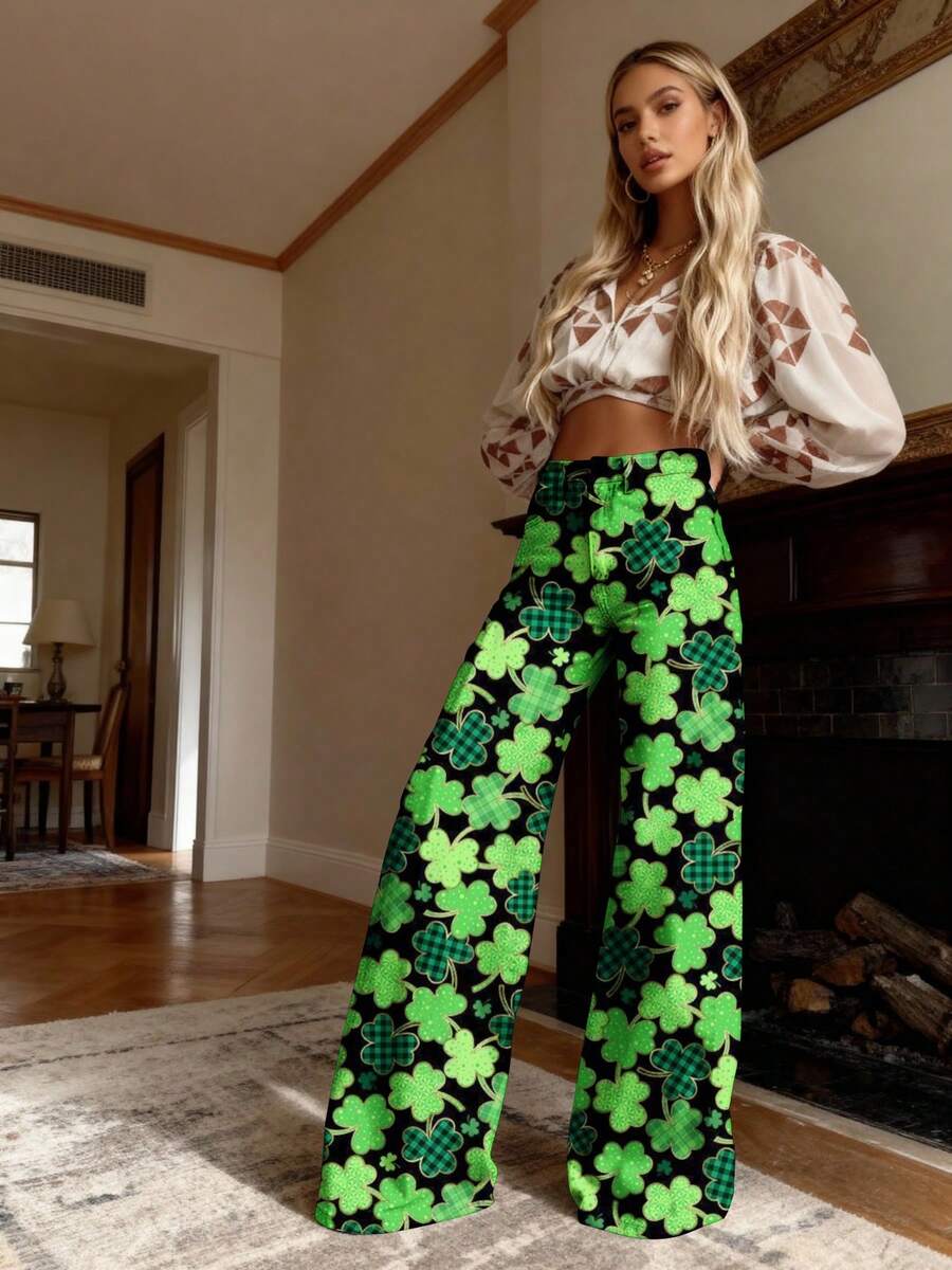 Women's High-Waisted Wide-Leg Denim Pants With 3D Green Clover Print On Black - Beltless Button Closure Full-Length Trousers, Casual & Formal Winter Wear, Durable Outdoor Pants (Machine Washable) - Nhiều màu - Xem 1