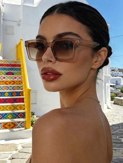 Women's Brown Retro Square Fashion Sunglasses, Classic Plastic Frame, Essential For Summer Vacation Retro Sunglasses, Suitable For Beach, Travel, Daily Wear And Driving