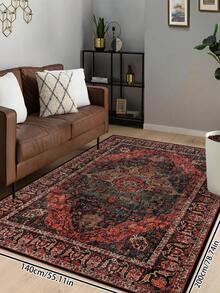 1pc Vintage Distressed Style Rug, Red Bohemian Moroccan Polyester Fiber Comfortable, Rectangular Easy Care Washable Area Carpet For Living Room, Hallway, Bedside, Home Decor