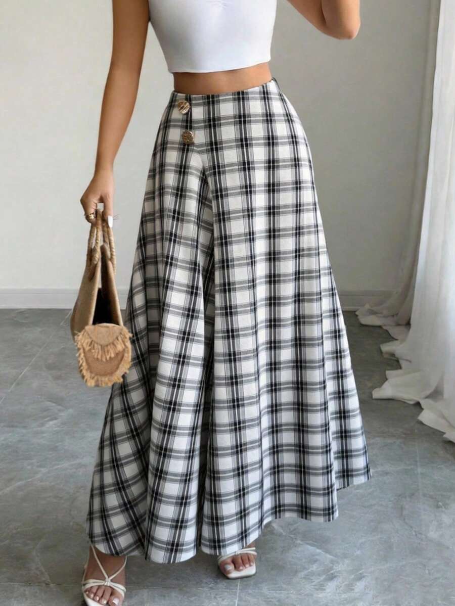 优雅复古法式风格，融合复古美式美元图案，高端显瘦黑白格纹A字裙，适合休闲、通勤、派对等多种场合，长款设计，春/秋/夏皆宜。 - 黑與白 - 查看 1