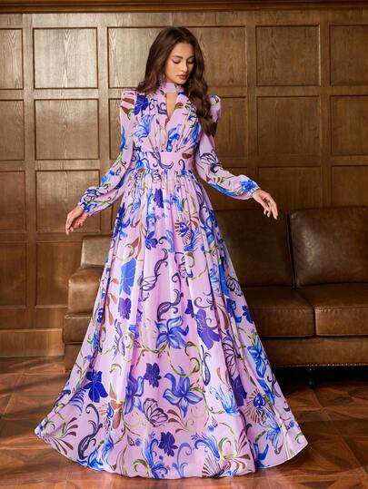 Faeriesty Elegante vestido largo de cuello alto para mujer, con patrón romántico de flores y motivos, mangas abullonadas largas, silueta ajustada, cremallera en la espalda - Perfecto para sesión de fotos nupcial, invitada a boda de jardín, gala de aniversario, escapada romántica, ocasiones formales en interiores