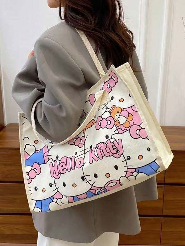 SANRIO High-Quality Cartoon Kitty One Shoulder Bag, Large Capacity Student Canvas Tote Bag, Commuter Handbag, Essential Outdoor Storage Bag For Women