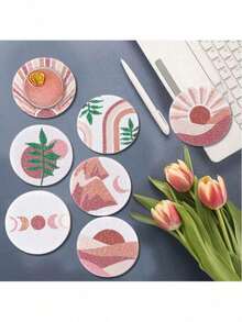 8pcs Diamond Painting Kit With Moon, Sun & Leaf Patterns, DIY Artificial Diamond Painting Coasters With Holders, DIY Crystal Diamond Mosaic Painting Wooden Coasters With Stands, Suitable For Office, Tea Room, Tabletop Anti-Slip Decoration - Multicolor - View 6
