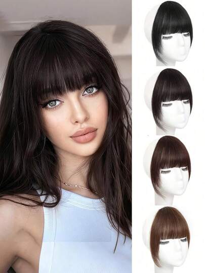 6 Inch Brown-Black French Bangs Synthetic Hair Clip-On Bangs Hair Piece With Sideburns, Suitable For Daily Wear, Curved Bangs, Claw Clips, Hair Barrettes, Hair Accessories For Women, Hair Extension, Head Accessories, Hairpin