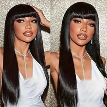 Brazilian Human Hair Wig With Bangs Remy Straight Bob Wigs Full Machine Made Wig For Women 8-14 Inches Non Lace Bob Wigs 200% Density Glueless Wigs - Natural Black - View 11