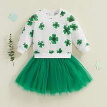 2Pcs/ Set Toddler Baby Girl St Patricks Day Dress Outfit Shamrock Clover Long Sleeve Sweatshirt Tulle Tutu Skirt Dress Clothes 0-5Years (White And Green) - 杏色 - 查看 4