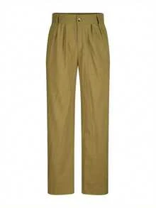 Men's Linen Pants Solid Color Pleated Mid Waist Straight Leg Casual Trousers With Pockets For Daily Office - màu xanh quân đội - Xem 2