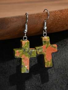 Natural Stone Cross Earrings, Vintage Personalized Design Turquoise & Amethyst & Rhodochrosite Pendant Earrings - Multicolor - View 14