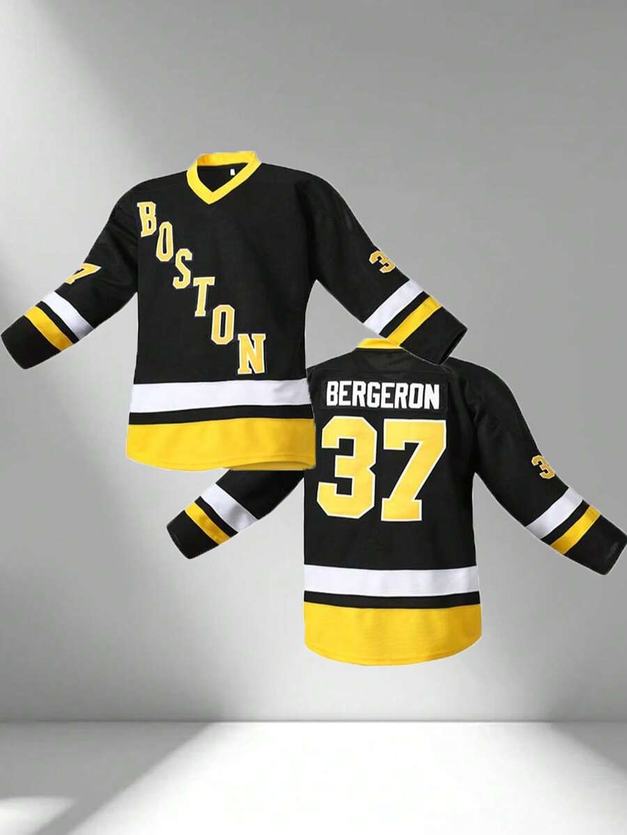Men's Embroidered Hockey Jersey, Black Casual V-Neck Long Sleeve T-Shirt, Party & Sports Wear