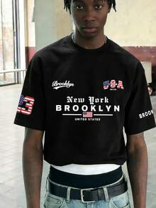 男士简约美国布鲁克林印花圆领短袖T恤，夏季 - 黑色 - 查看 1