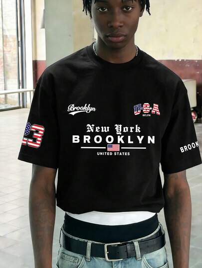 男士简约美国布鲁克林印花圆领短袖T恤，夏季