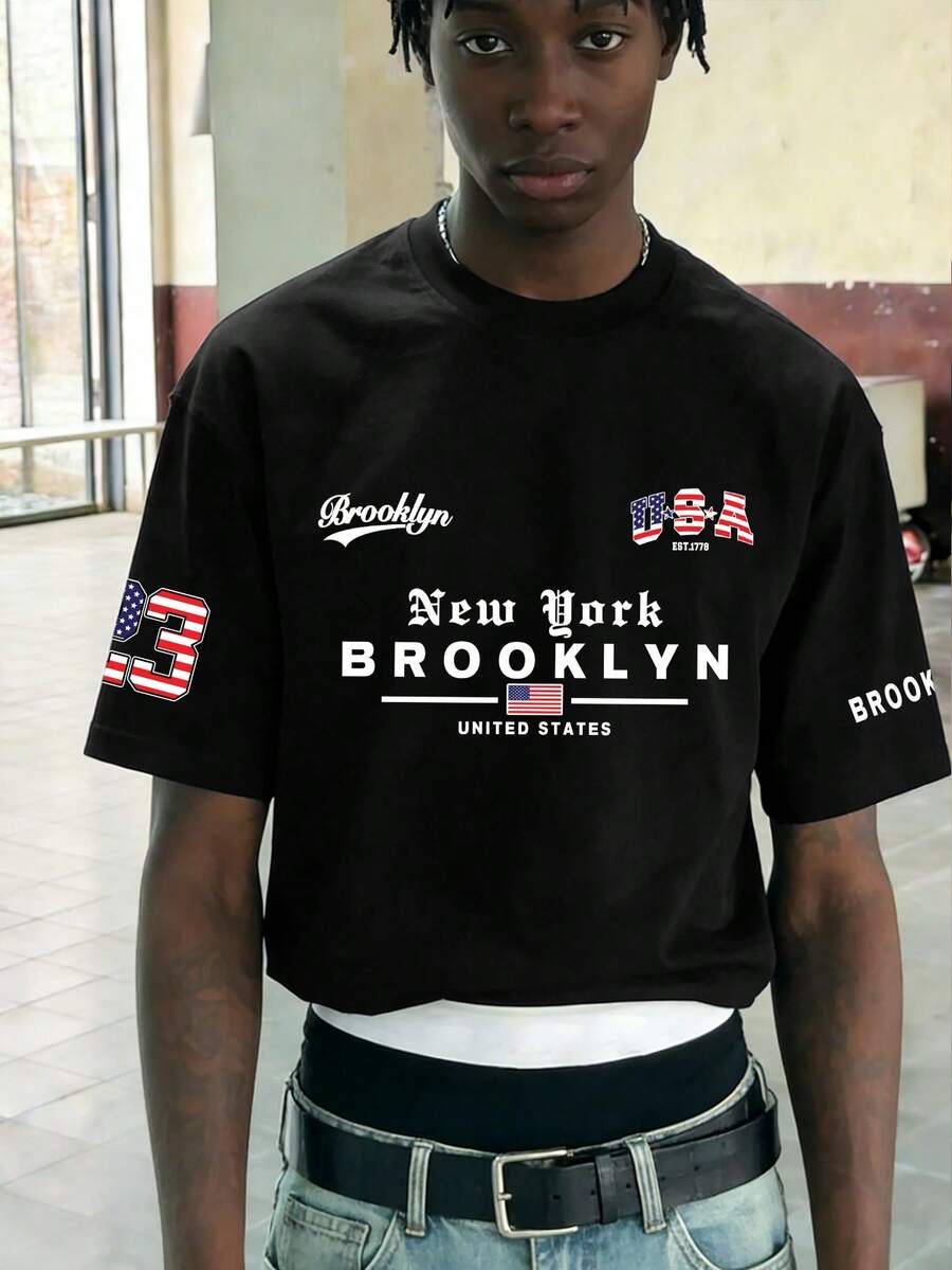 男士简约美国布鲁克林印花圆领短袖T恤，夏季 - 黑色 - 查看 1