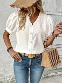 Solid Color Front Button Lace Patchwork Embroidery Contrast Color Short Puff Sleeve Blouse White Summer - White - View 4